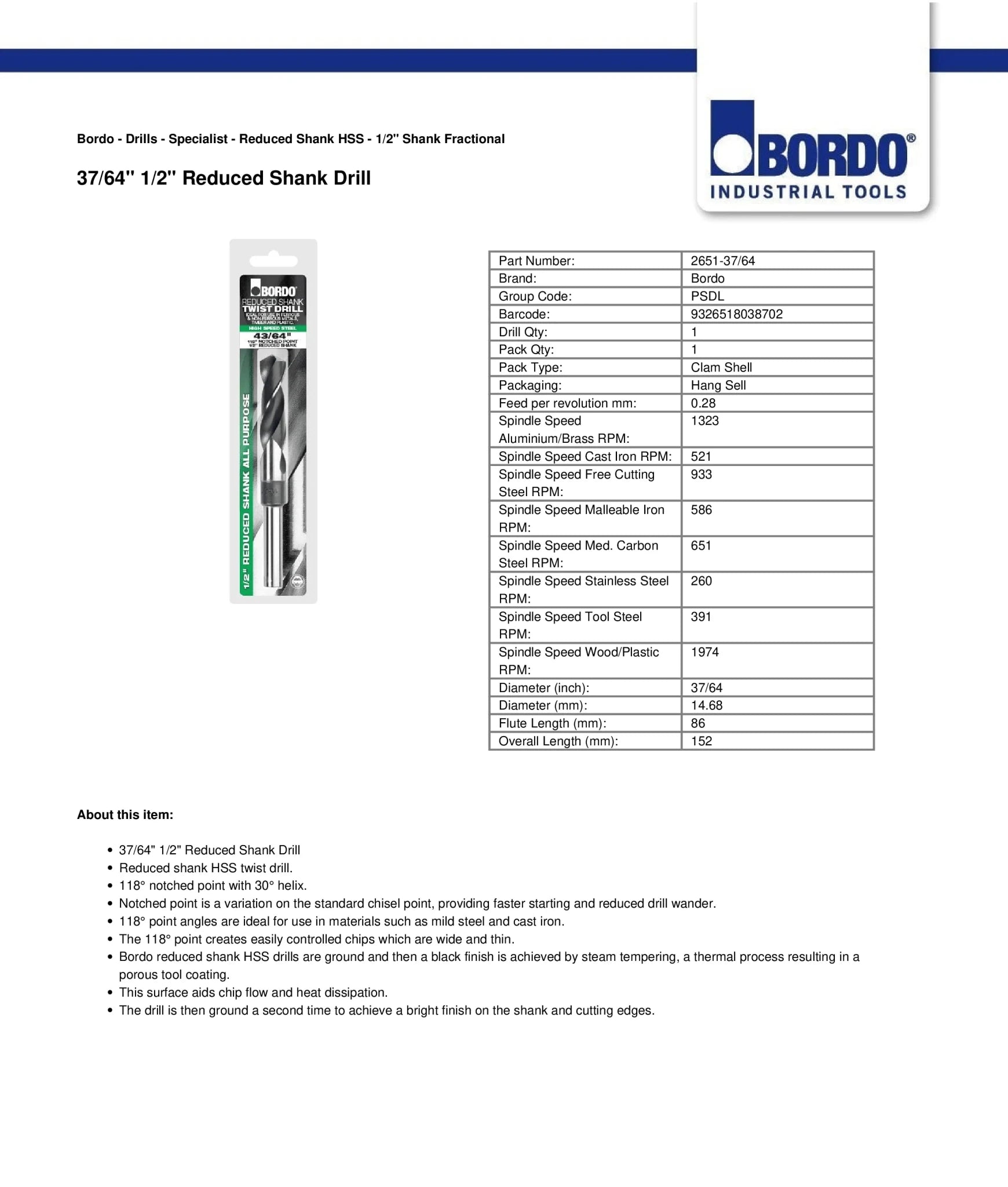 Bordo 37/64" HSS Reduced 1/2" Shank Drill - Twin Eagle Imports