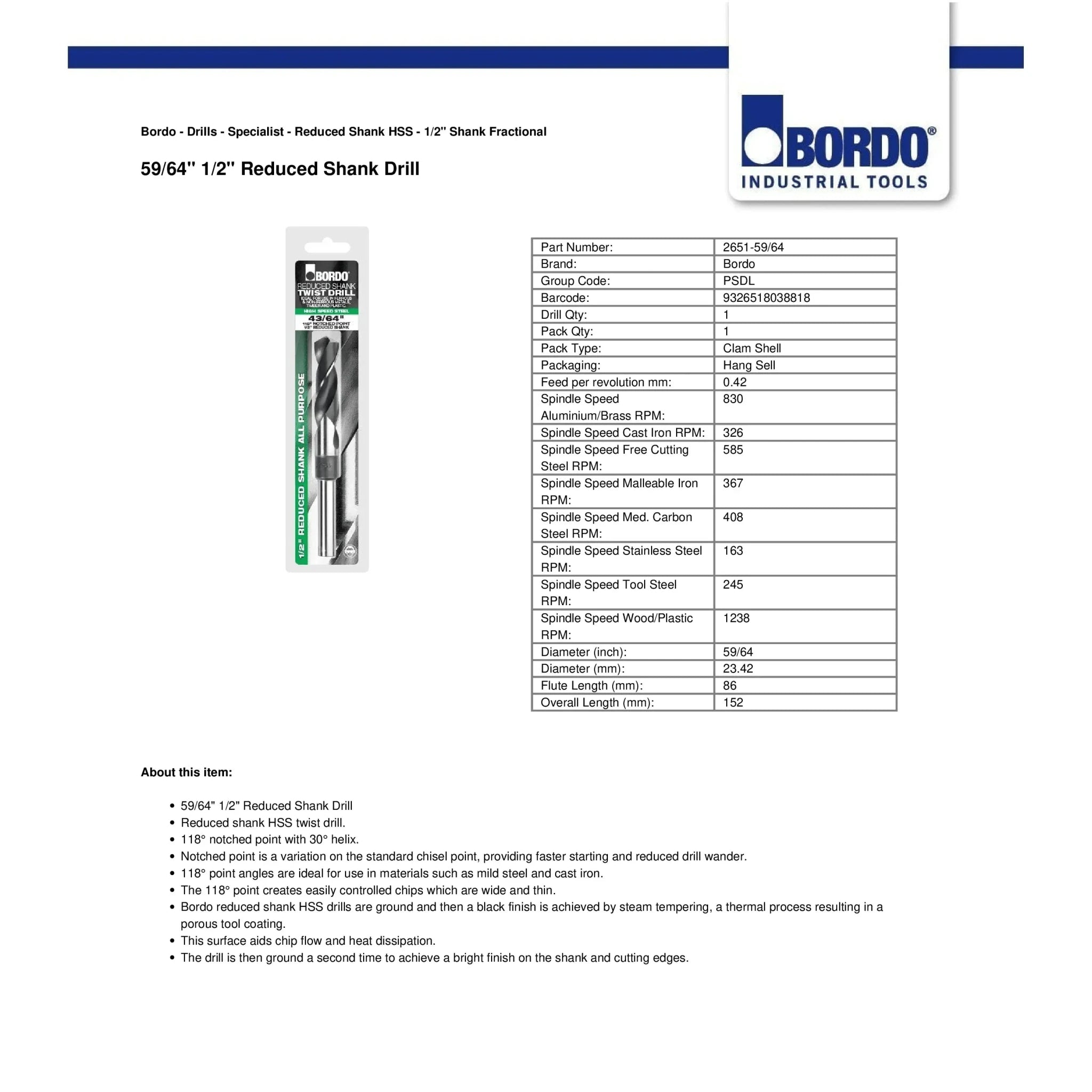 Bordo 59/64" HSS Reduced Shank Drill - Twin Eagle Imports
