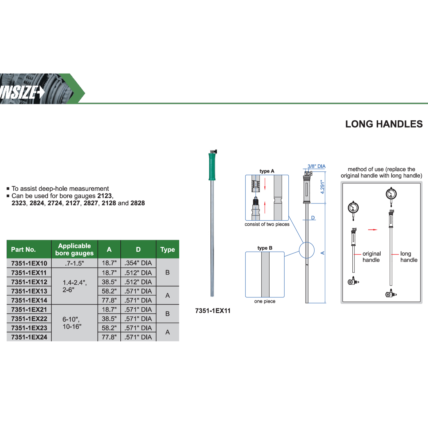 Insize Long Handle 58.2″ × 0.571″ Series 7351-1EX13