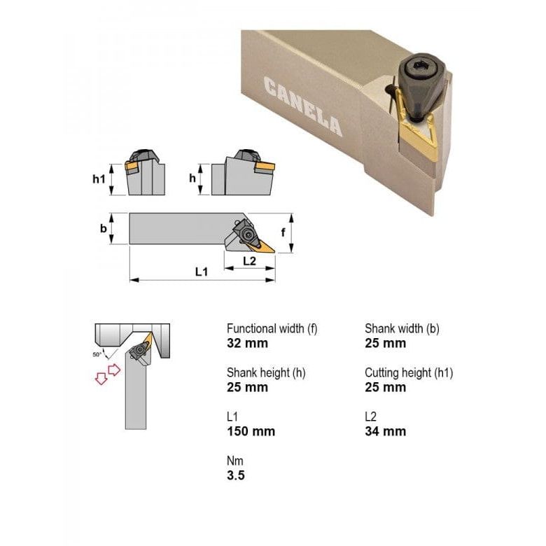 Canela DVJNL2525M16-N Turning & Profiling Toolholder – 25×25 mm - Twin Eagle Imports