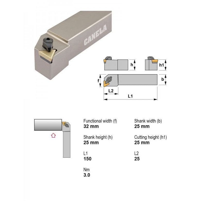 CANELA S.A. TOOL HOLDERS Canela CTFPR2525M16 Face Turning Toolholder – 25×25 mm