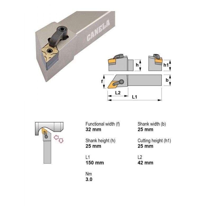 CANELA S.A. TOOL HOLDERS Canela MDJNR2525M15-K Turning & Profiling Toolholder – 25×25 mm