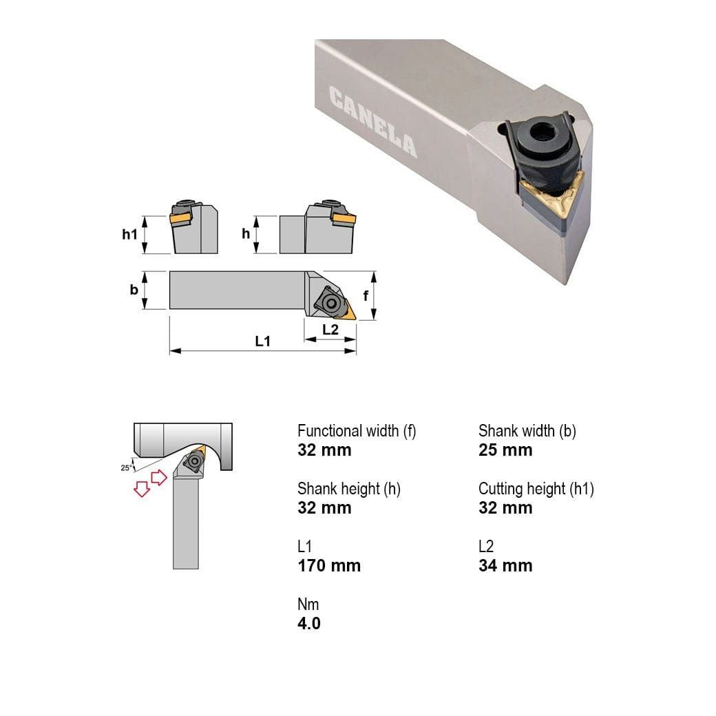 CANELA S.A. TOOL HOLDERS Canela MTJNL3225P16 Turning & Profiling Toolholder – 32×25 mm
