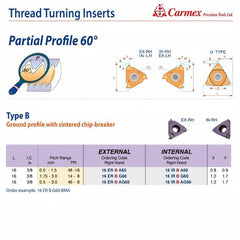 Carmex External Right Hand Partial Profile 60° Type B Thread Turning Insert 48-8 TPI / 16 ER B AG60 P25C - Twin Eagle Imports