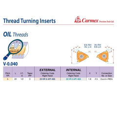 Carmex External Right Hand V-0.040 Oil Thread Turning Insert 5 TPI / 22 ER 5 API 403 BLU - Twin Eagle Imports