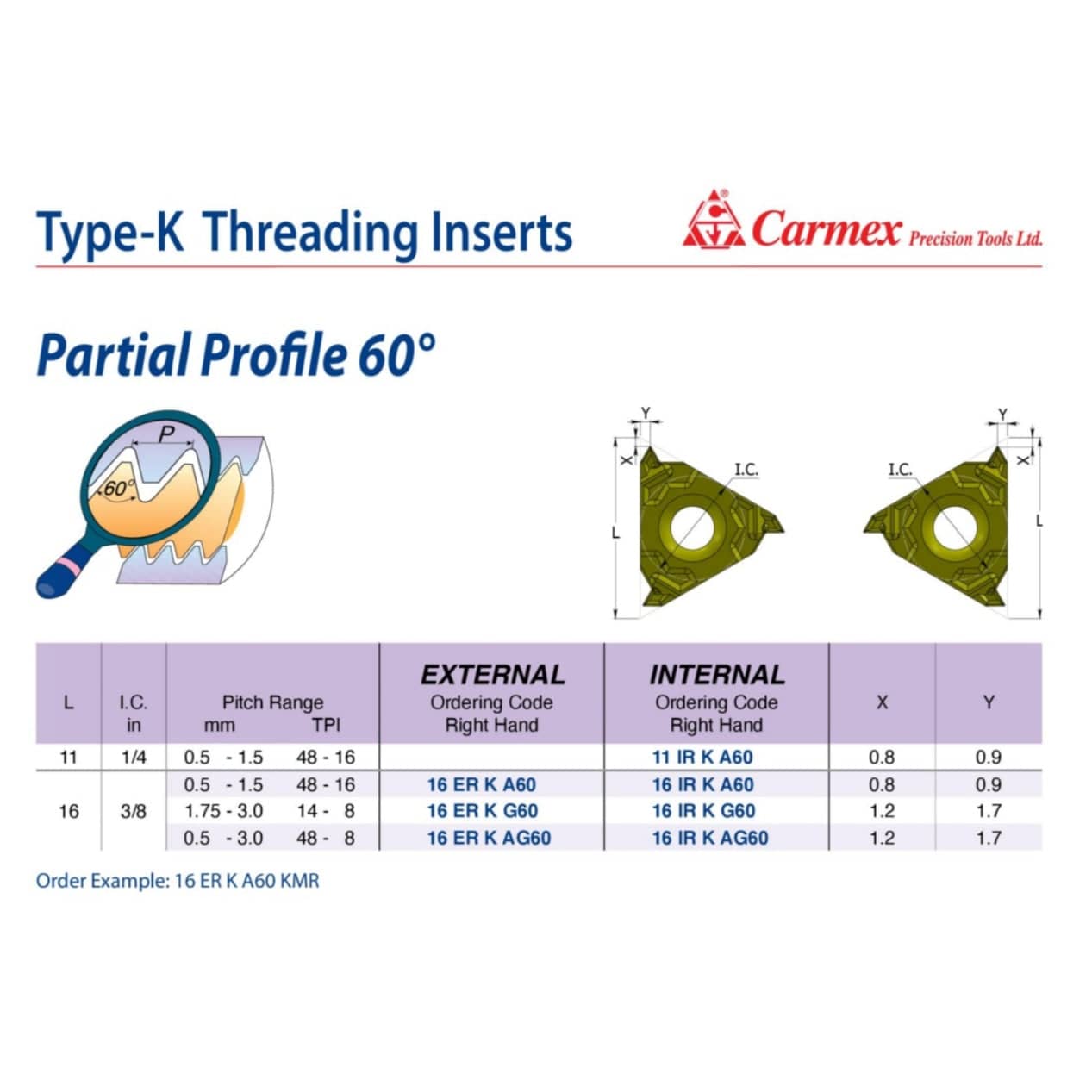 Carmex Internal Right Hand Partial Profile 60° Type K Thread Turning Insert 48-8 TPI/ 16 IR K AG60 KBL - Twin Eagle Imports