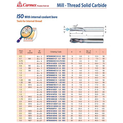Carmex Mill Thread Solid Carbide 1.0 ISO with internal coolant bore 10.5mm depth - Twin Eagle Imports