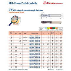 Carmex Mill Thread Solid Carbide 10 UN with internal coolant through flutes 34.3mm depth - Twin Eagle Imports