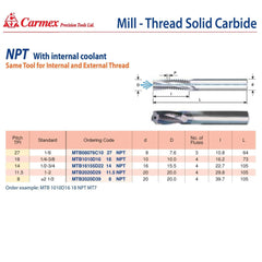 Carmex Mill Thread Solid Carbide 27 NPT with internal coolant bore 10.8mm depth - Twin Eagle Imports