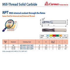 Carmex Mill Thread Solid Carbide 27 NPT with internal coolant through flutes 10.8mm depth - Twin Eagle Imports