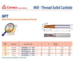 CARMEX PRECISION TOOLS LTD Carbide Mill Thread Carmex Mill Thread Solid Carbide 18 NPT/ 14.8mm depth