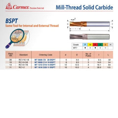 CARMEX PRECISION TOOLS LTD Carbide Mill Thread Carmex Mill Thread Solid Carbide 19 BSPT/ 14mm depth