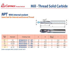 CARMEX PRECISION TOOLS LTD Carbide Mill Thread Carmex Mill Thread Solid Carbide 27 NPT with internal coolant bore 10.8mm depth
