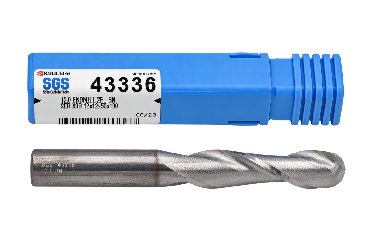 Kyocera SGS 43336 12mm 2 Flute Bright Uncoated Carbide Ball Nose End Mill