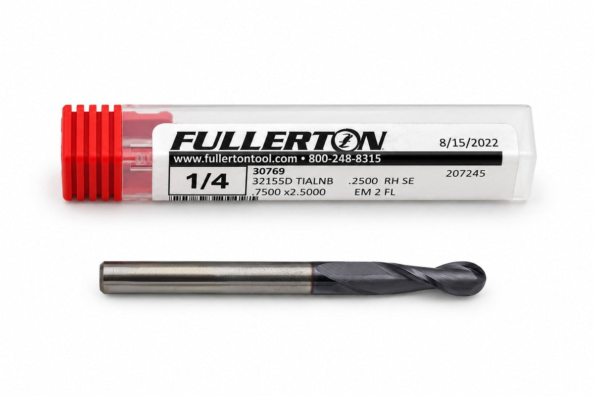 Fullerton 1/4" 2 Flute TiAlN Coated Carbide Ball Nose Endmill - 3215 Series - Twin Eagle Imports