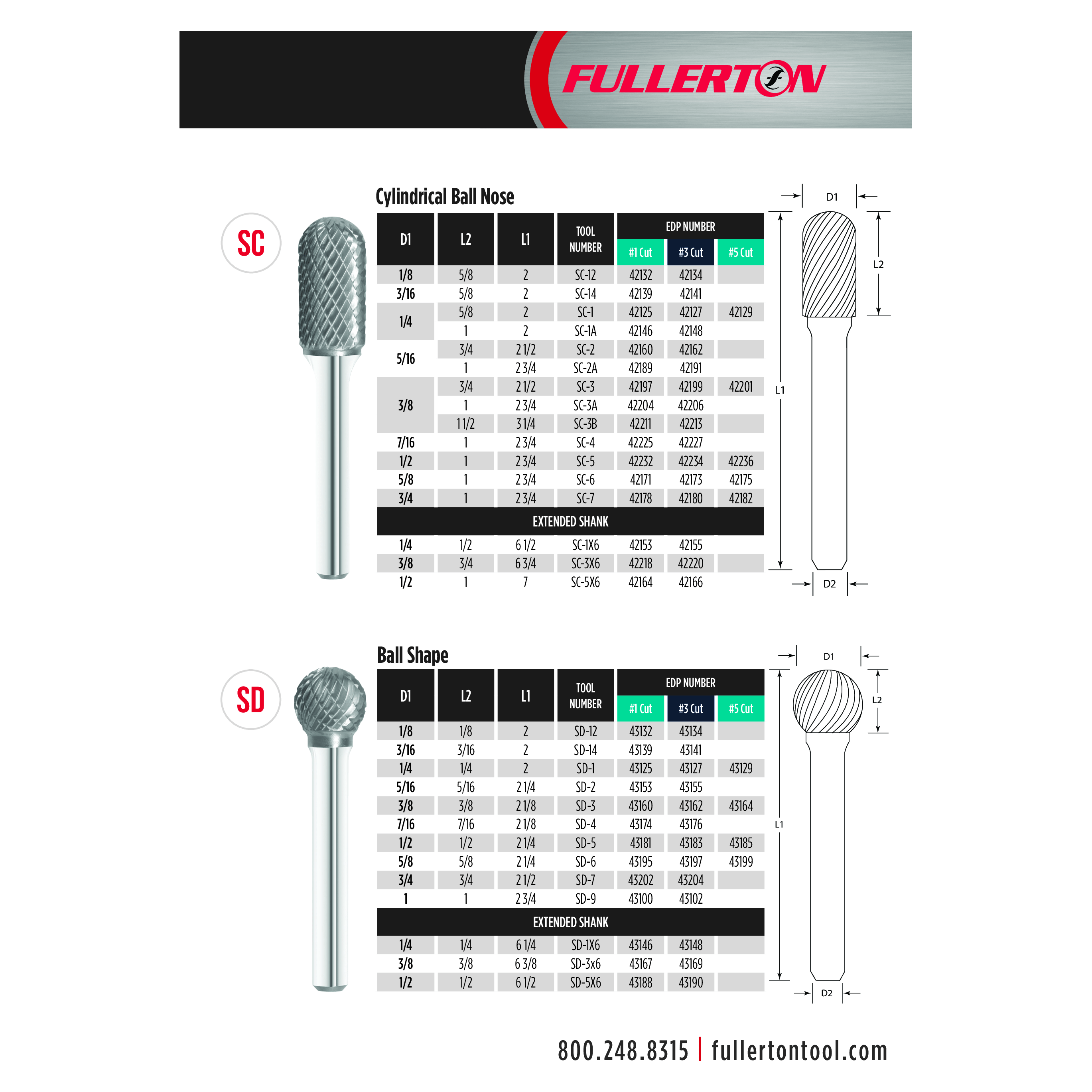 Fullerton CARBIDE BURRS Fullerton - SD3 3/8" Ball Shape Series Extended Shank Carbide Burr