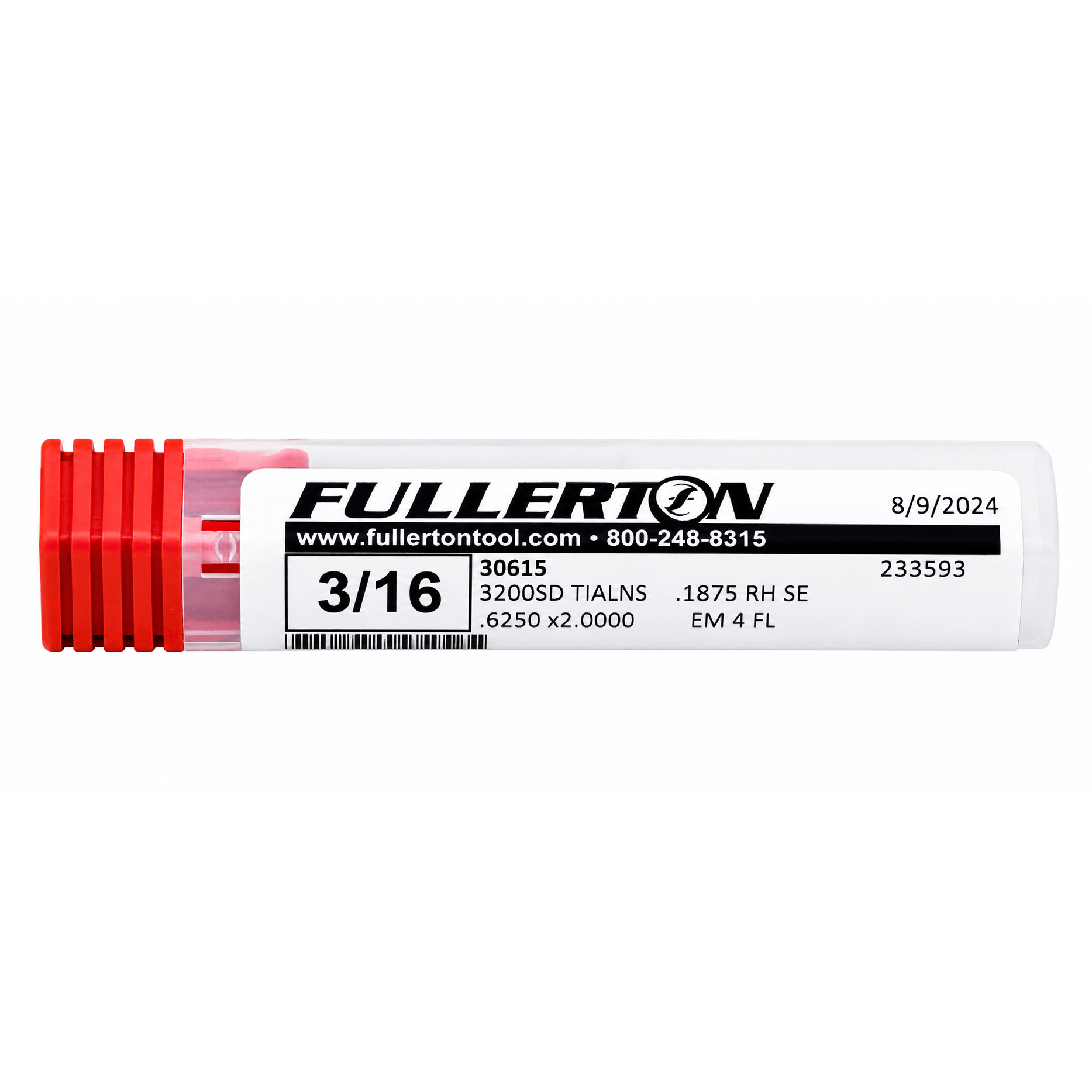 FULLERTON TOOL COMPANY CARBIDE ENDMILL Fullerton 30615 3/16 Inch 4 Flute TiAlN Coated Carbide Square End Mill