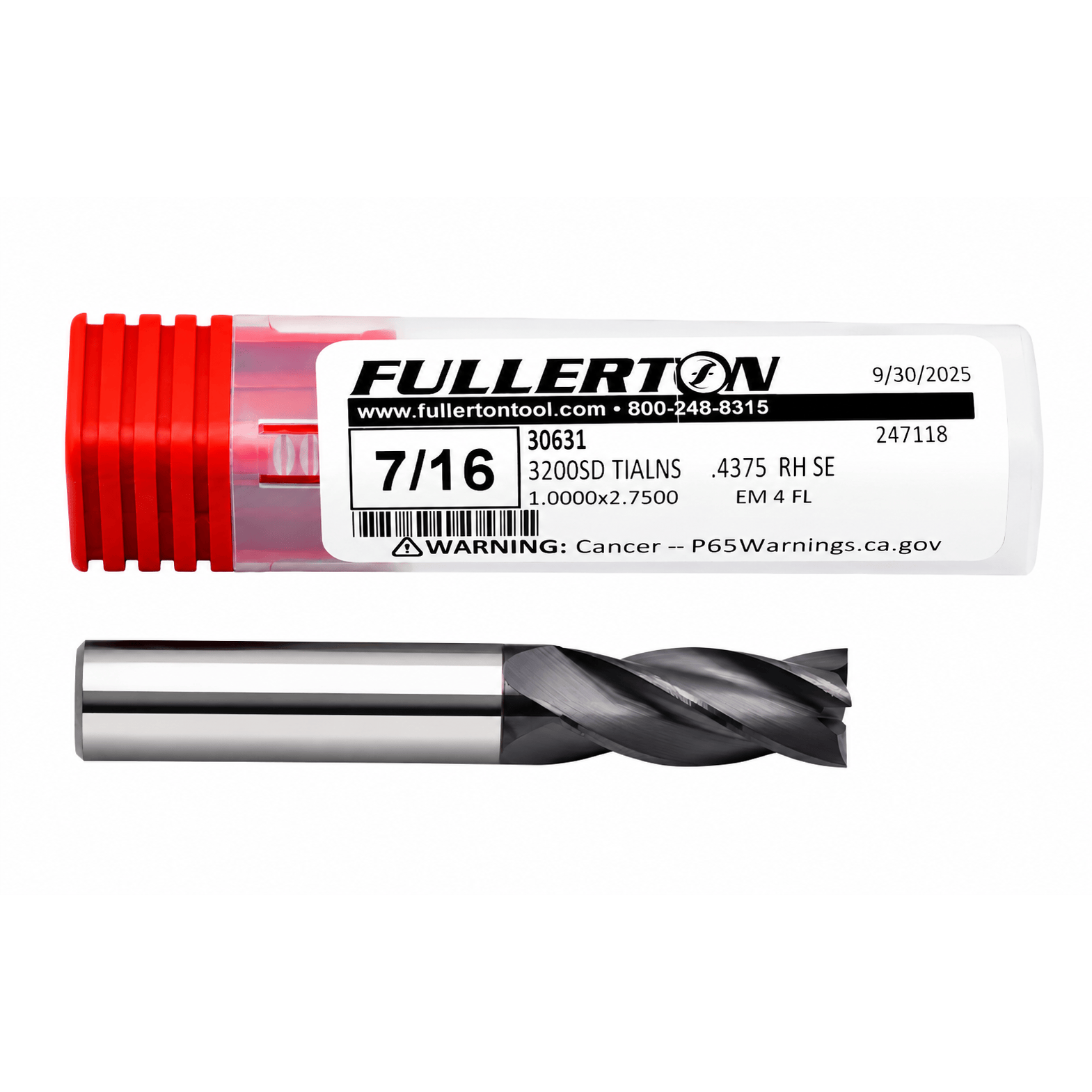 FULLERTON TOOL COMPANY CARBIDE ENDMILL Fullerton 30631 7/16 Inch 4 Flute TiAlN Coated Carbide Square End Mill
