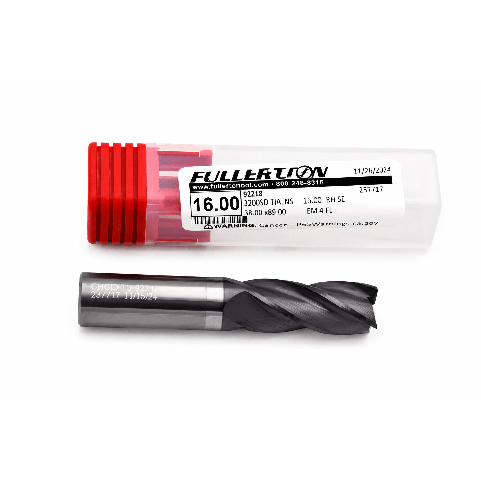 FULLERTON TOOL COMPANY CARBIDE ENDMILL Fullerton 92218 16mm 4 Flute TiAlN Coated Carbide Square End Mill