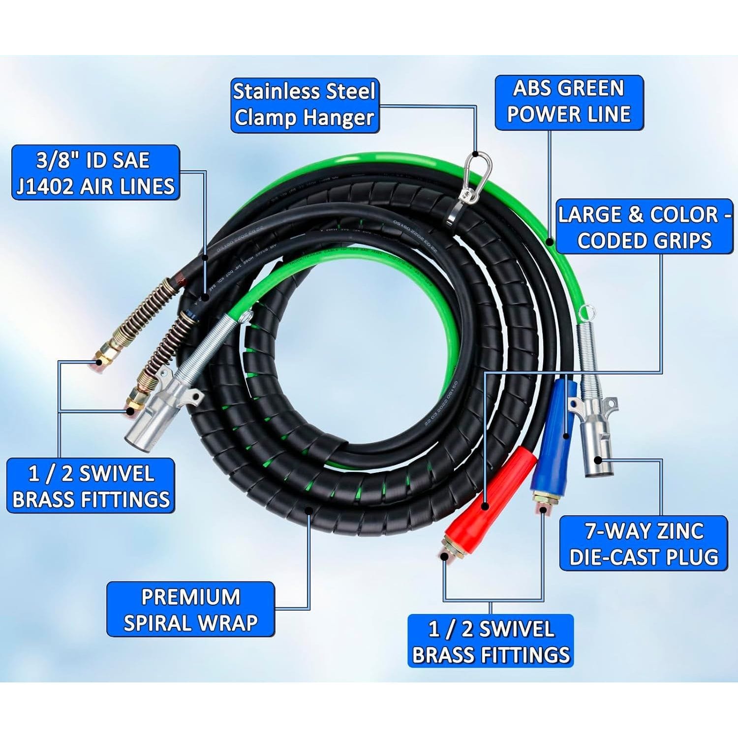 Heavy Duty 3-in-1 ABS Trailer Air Line Kit – 12 Ft Rubber Air Hoses with Power Line - Twin Eagle Imports