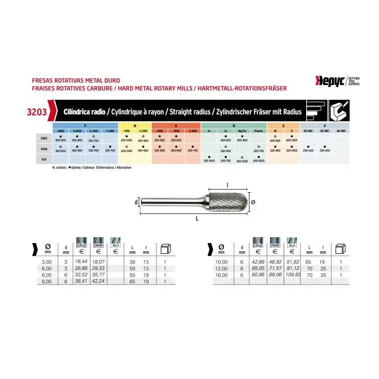 Hepyc 10mm Double Cut Carbide Burr (Cylinder Ball Nose) 3203 SC3M - Twin Eagle Imports