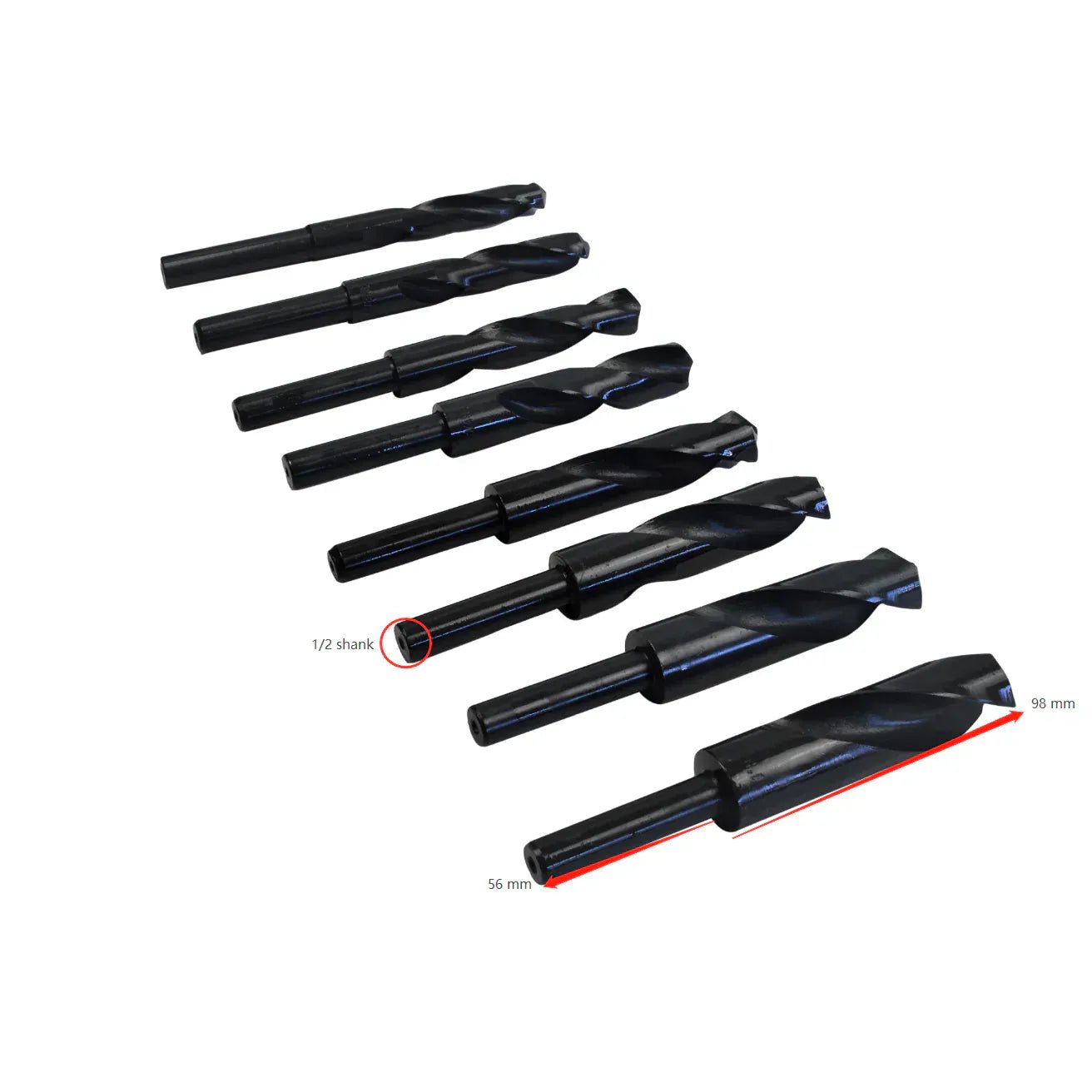 HSS Imperial Drill Bit Set – 8 Piece (9/16"–1") – Right Hand, 1/2" Reduced Shank - Twin Eagle Imports