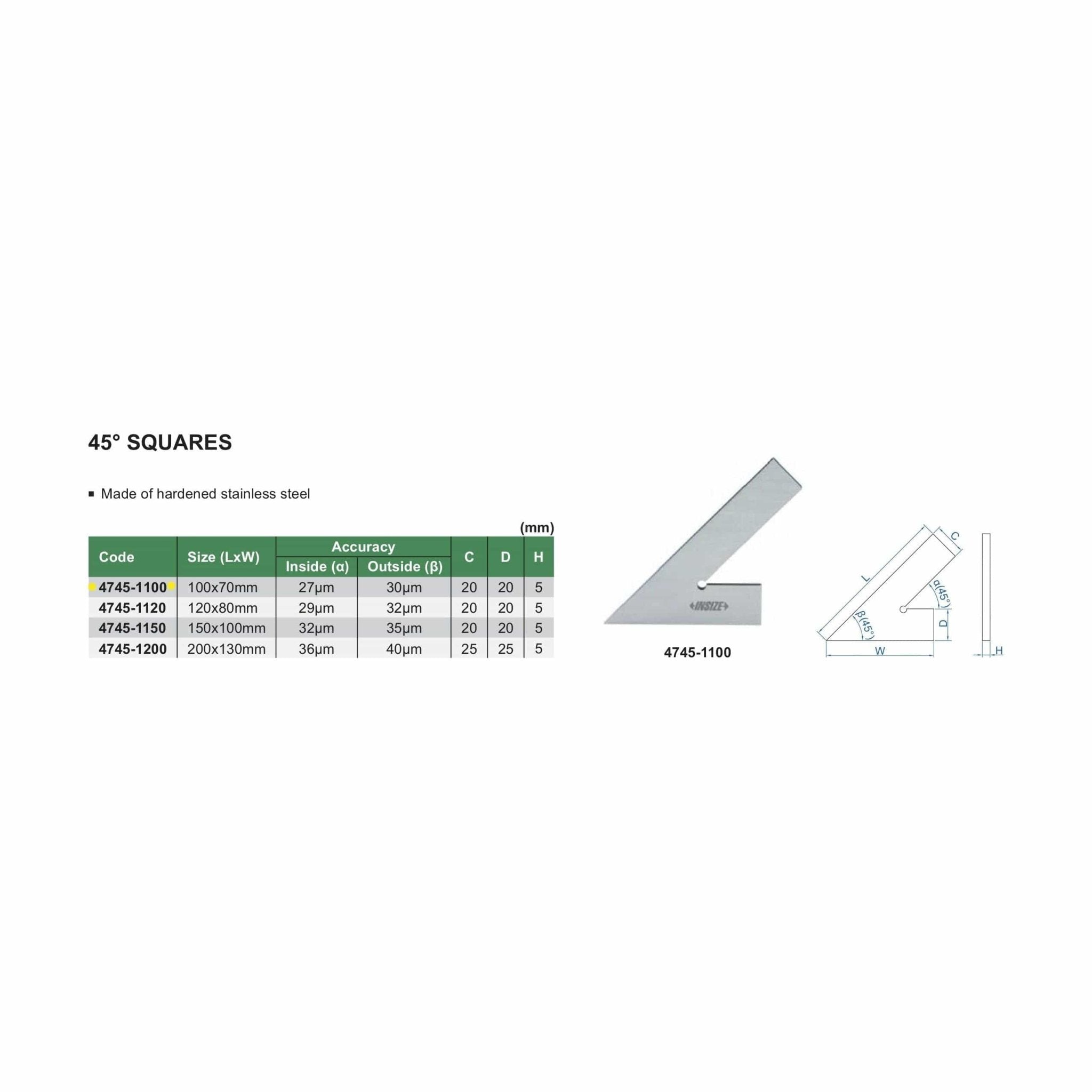 Insize 45° Square Range Series 100x70mm Series 4745-1100 - Twin Eagle Imports