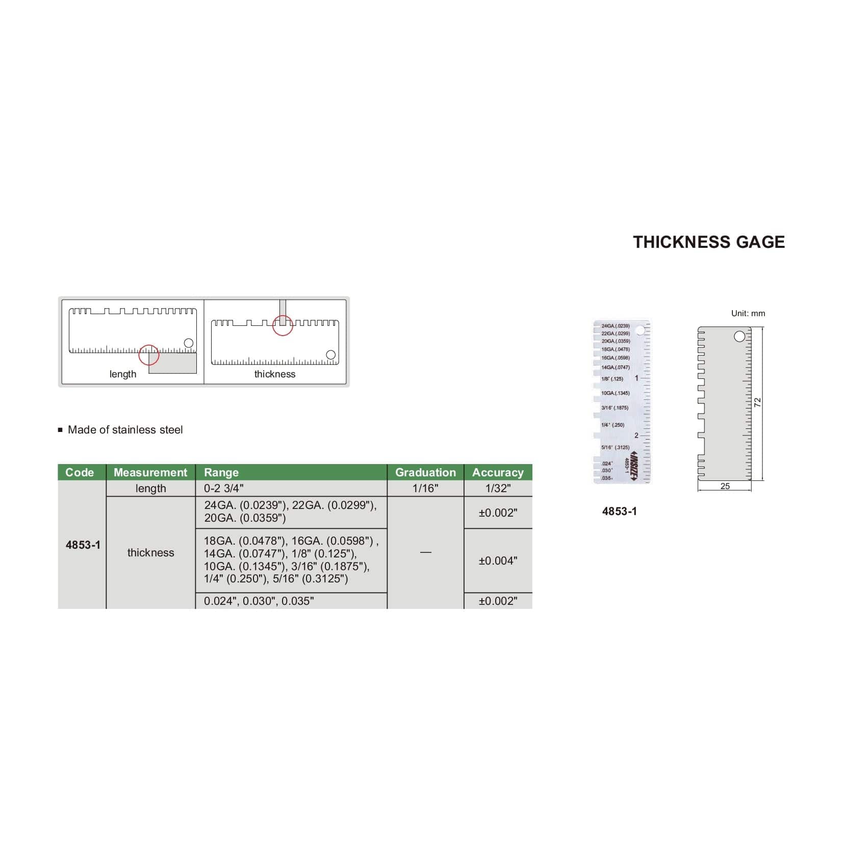 Insize 4853-1 Sheet Metal Thickness Gauge - Twin Eagle Imports