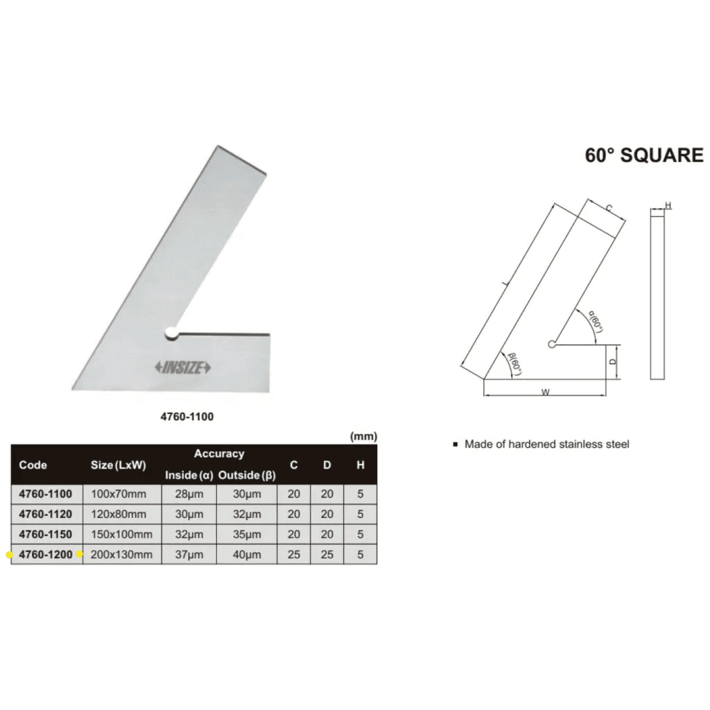 Insize 60° Range Square 200 X 130mm Series 4760-1200 - Twin Eagle Imports