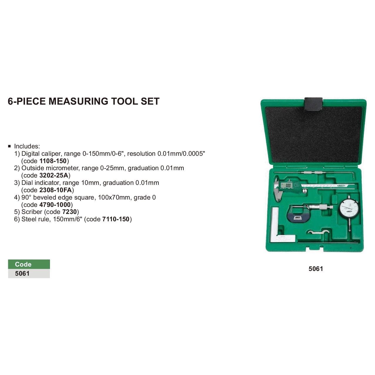Insize 6pc Measuring Tool Set 0-150mm/0-6" Range Series 5061 - Twin Eagle Imports
