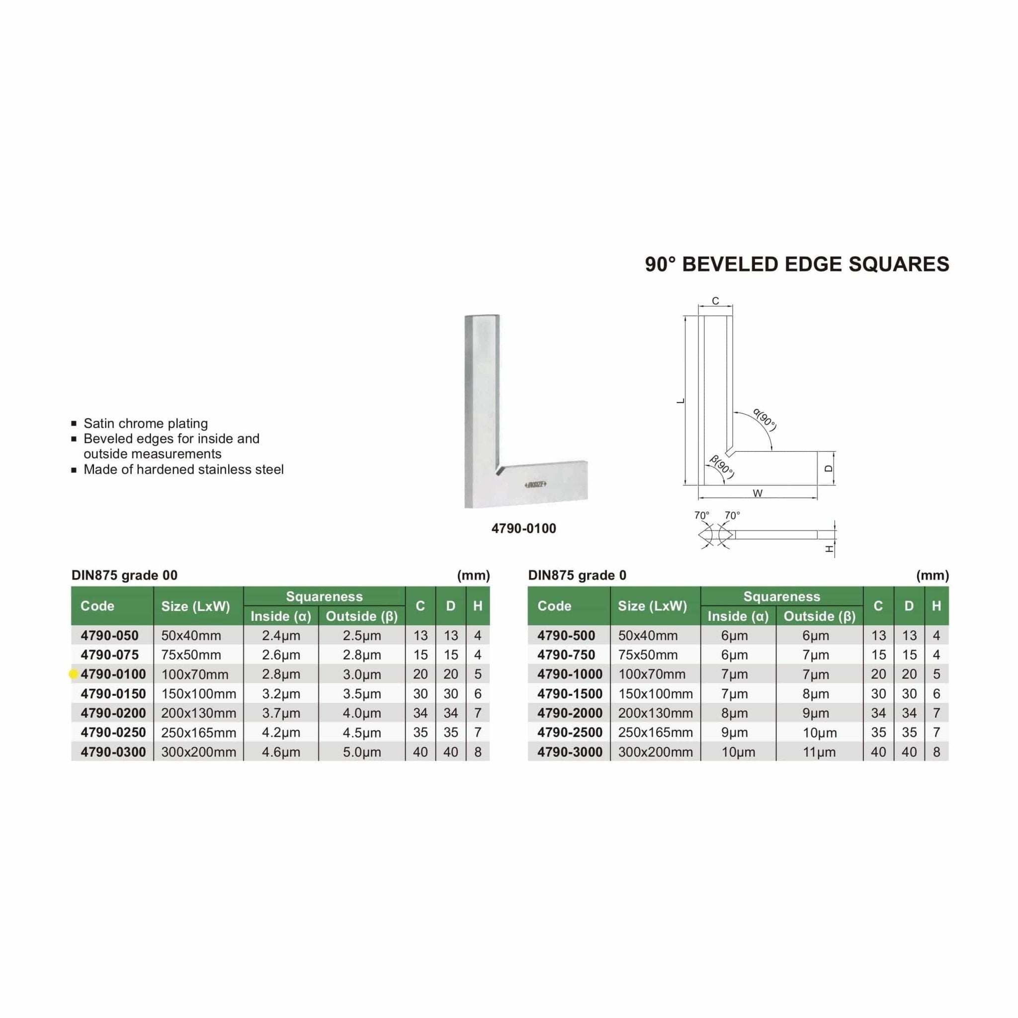 Insize 90° Bevelled Edge Square 100x70mm Range Series 4790-0100 - Twin Eagle Imports