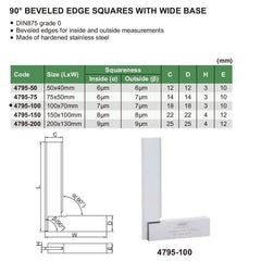 Insize 90° Bevelled Edge Square 100x70mm Range Series 4795-100 - Twin Eagle Imports
