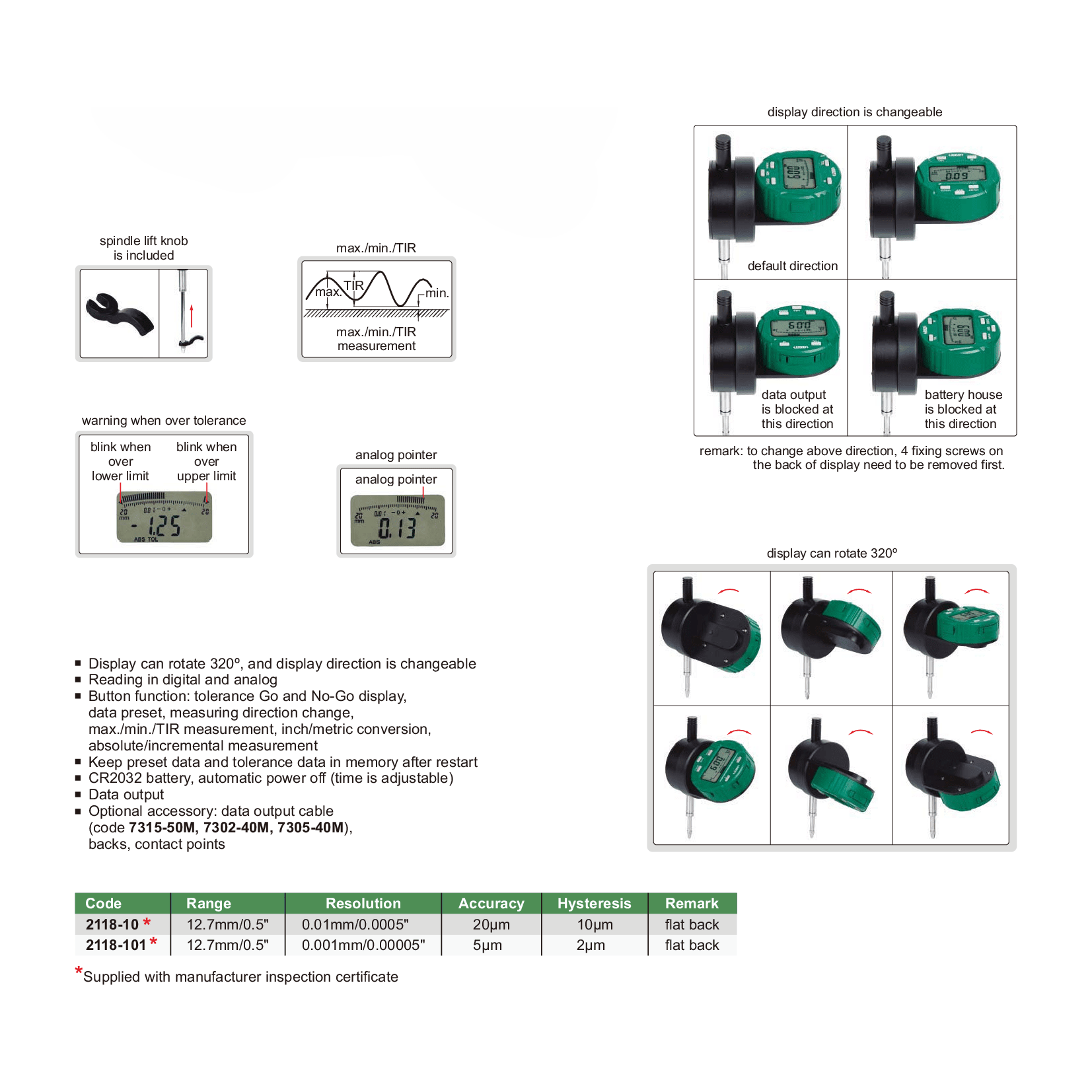 Insize Back Plunger Digital Indicator 12.7mm/0.5" Range Series 2118-10 - Twin Eagle Imports
