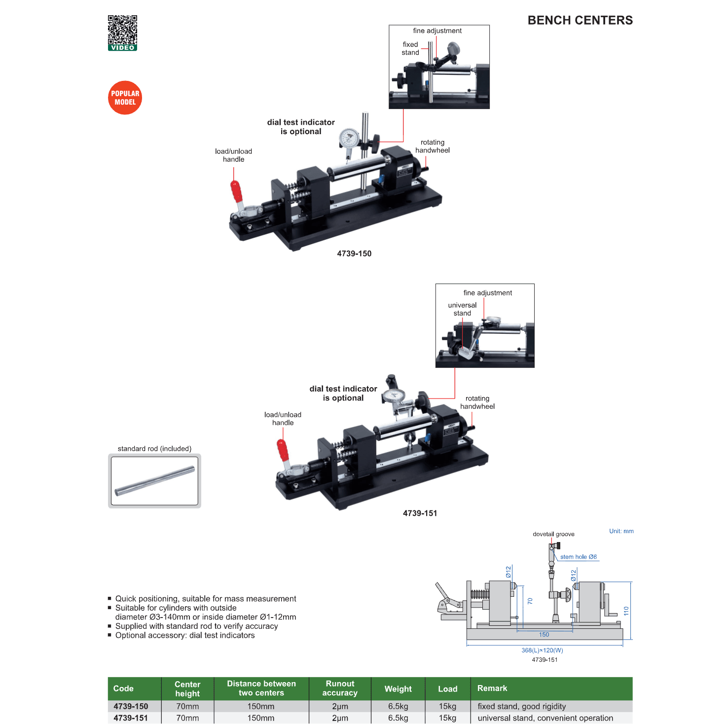 Insize Bench Centers 150mm Distance High Precision Series 4739-150 - Twin Eagle Imports