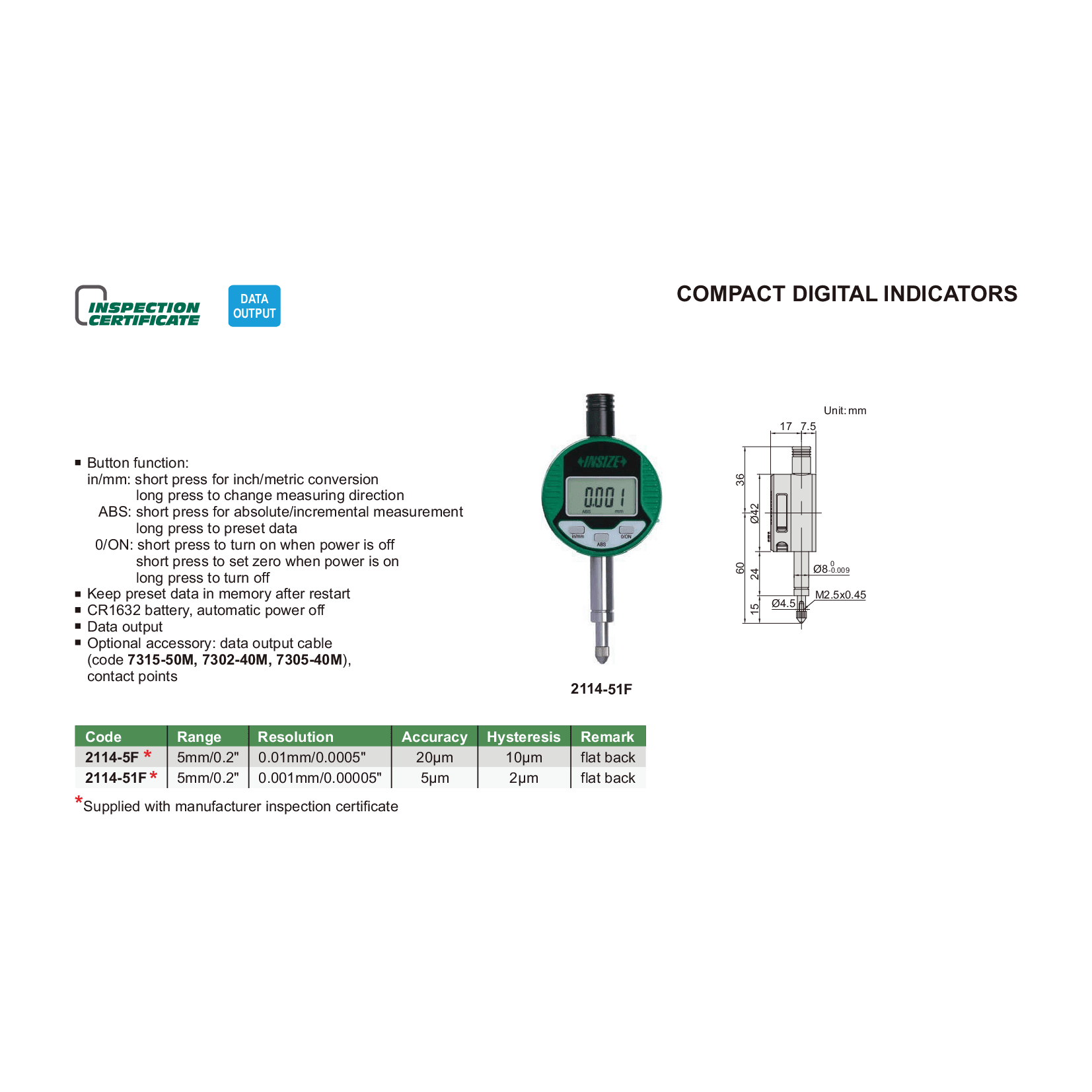 Insize Compact Digital Indicator 5 mm Series 2114-5F - Twin Eagle Imports