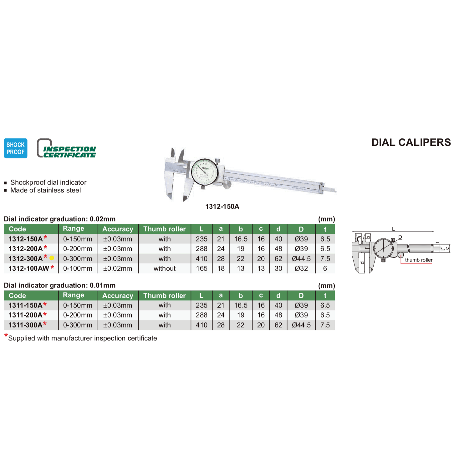 Insize Dial Caliper 0-300mm Range Series 1312-300A - Twin Eagle Imports