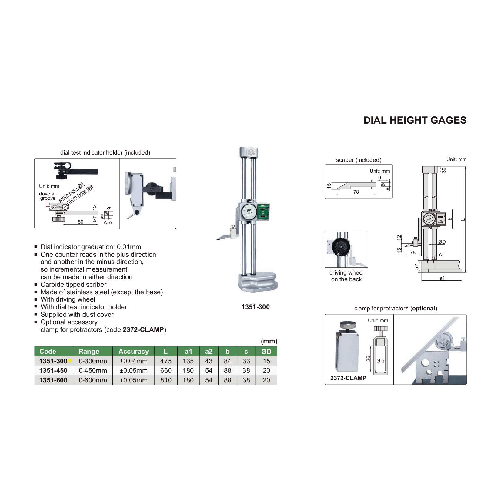 Insize Dial Height Gauge 0-300mm Range Series 1351-300 - Twin Eagle Imports