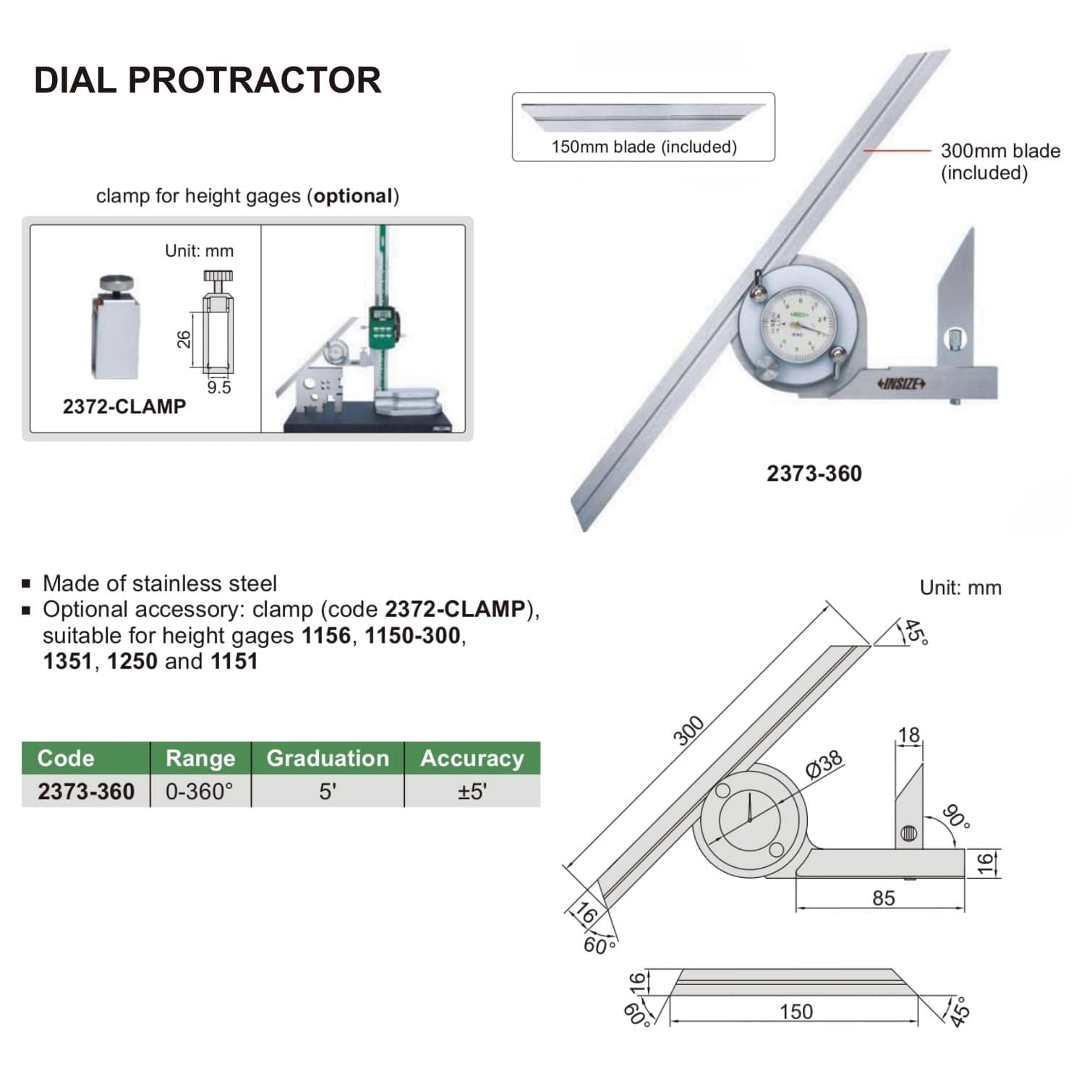 Insize Dial Protractor 0-360 x 5' Range Series 2373-360 - Twin Eagle Imports