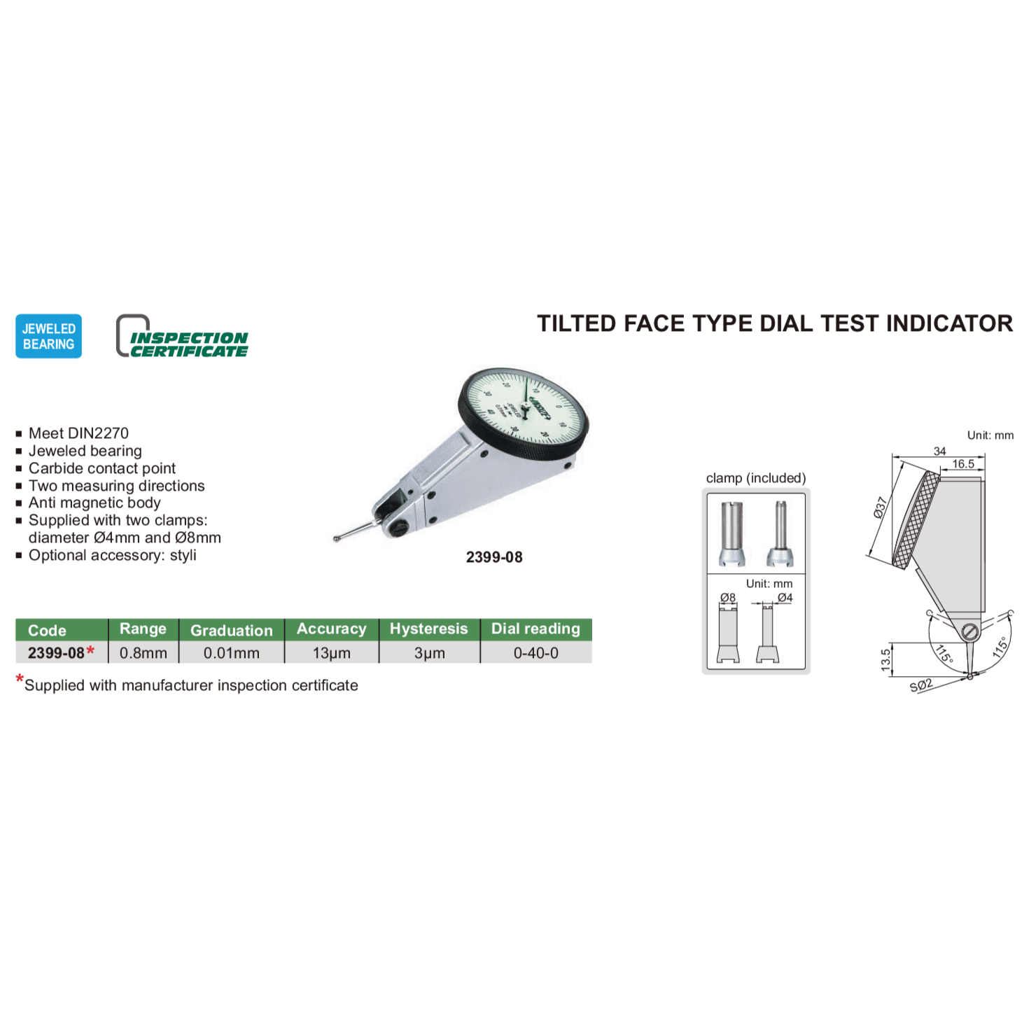Insize Dial Test Indicator 0.8mm x 0.01mm Range Series 2399-08 - Twin Eagle Imports