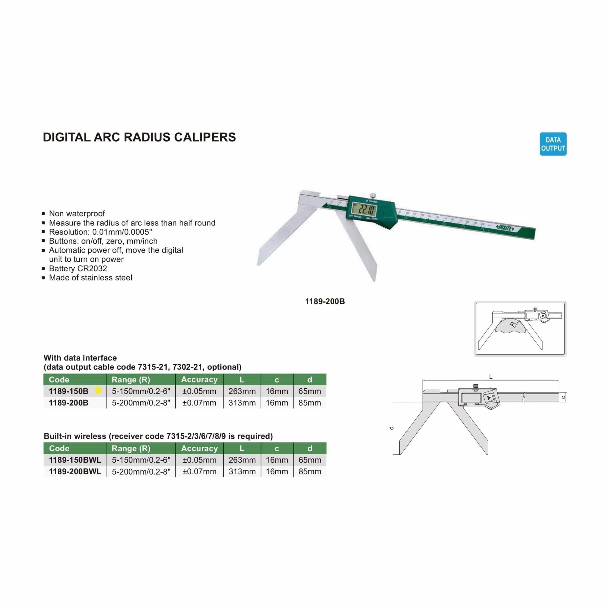 Insize Digital Arc Radius Caliper 5-150mm/0.2-6" Range Series 1189-150B - Twin Eagle Imports