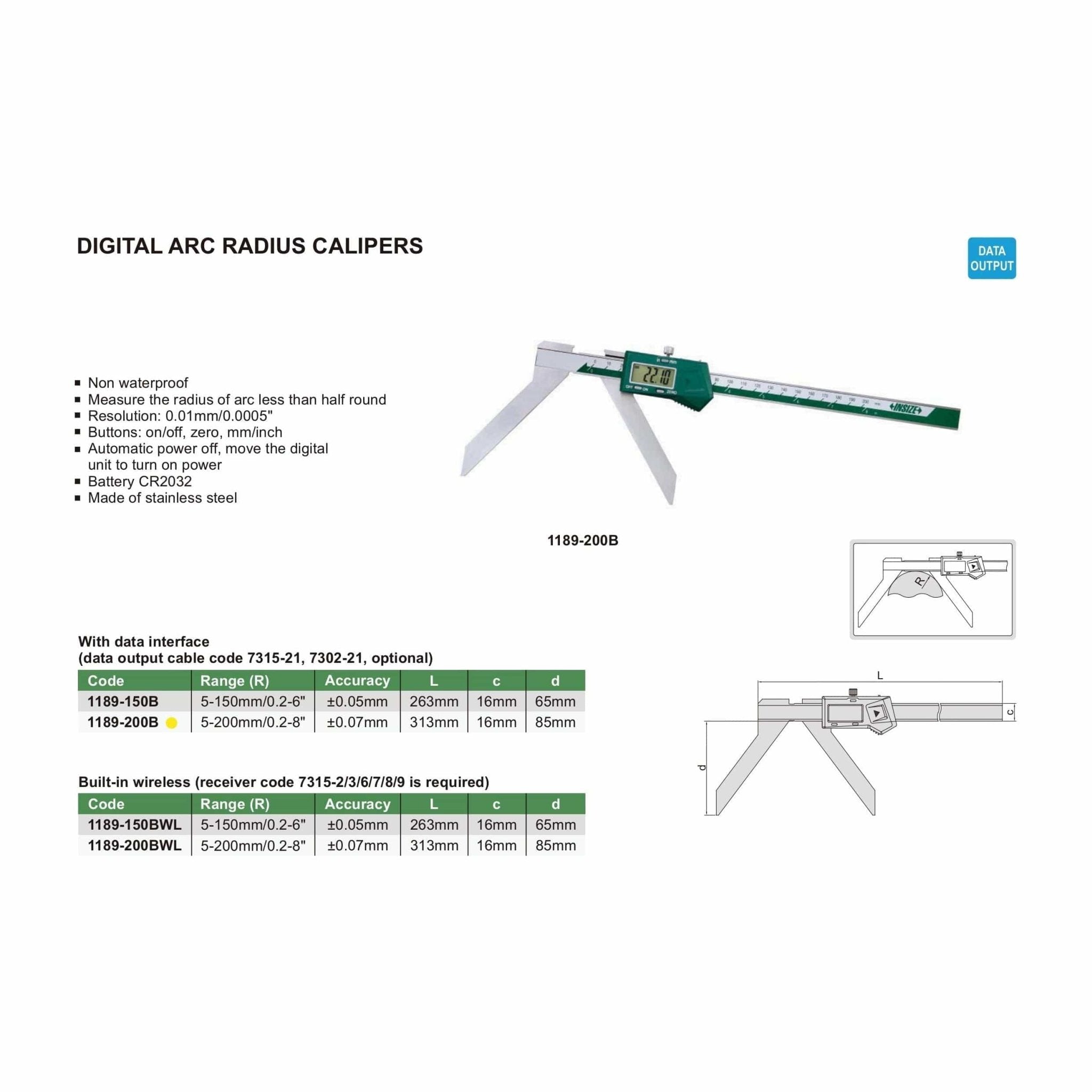 Insize Digital Arc Radius Caliper 5-200mm/0.2-8" Range Series 1189-200B - Twin Eagle Imports