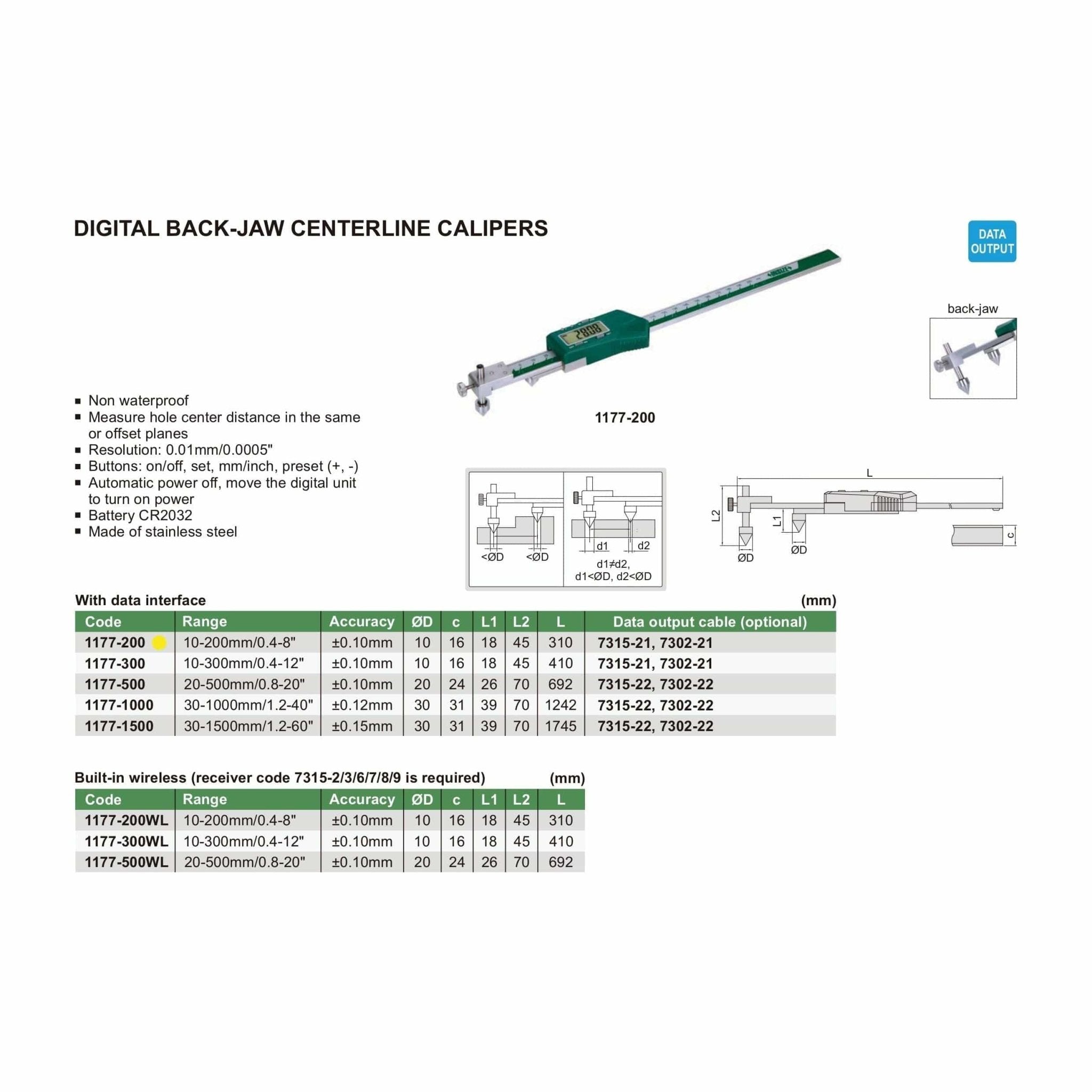 Insize Digital Back-Jaw Caliper 10-200mm/0.4-8" Range Series 1177-200 - Twin Eagle Imports