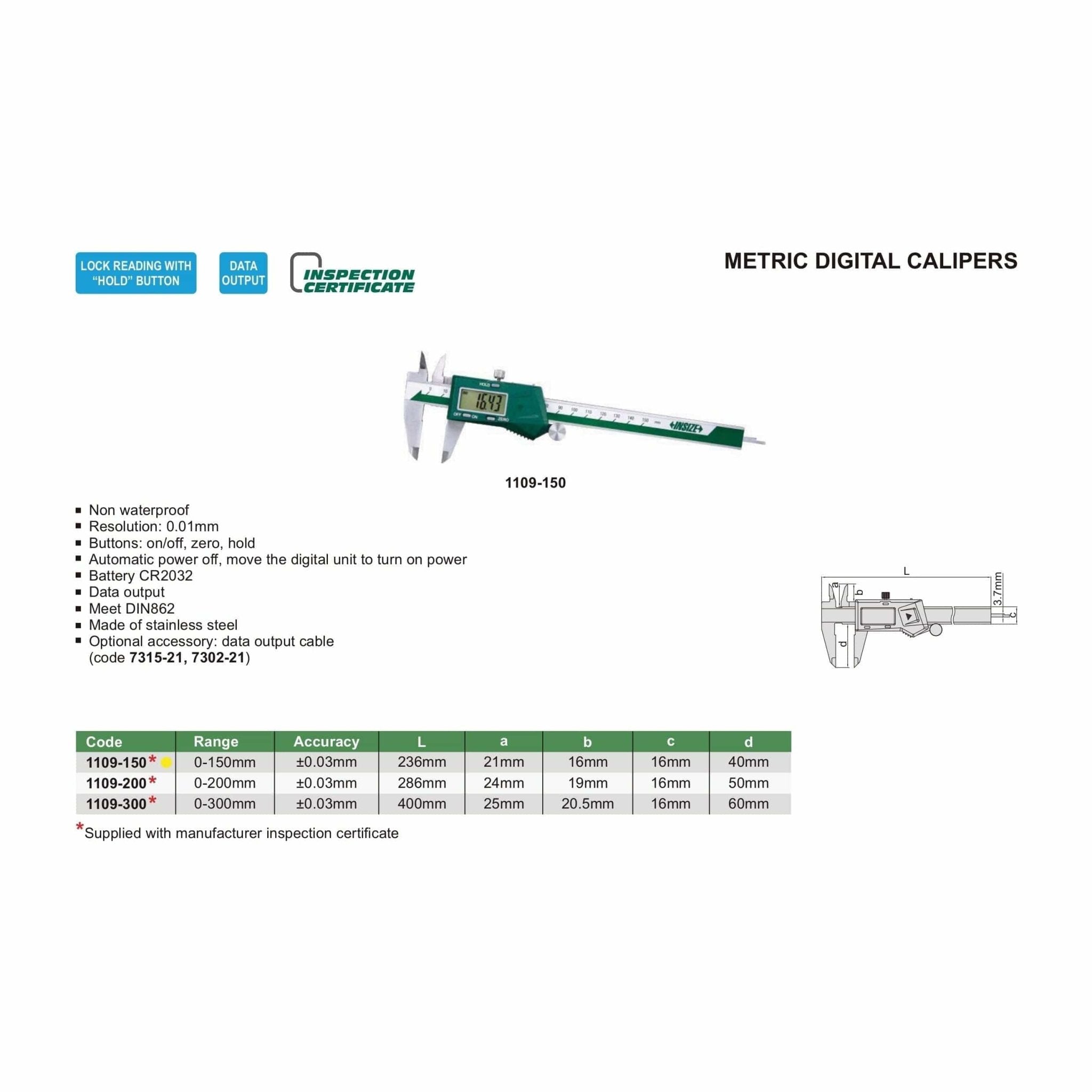 Insize Digital Caliper 0-150mm Range Series 1109-150 - Twin Eagle Imports