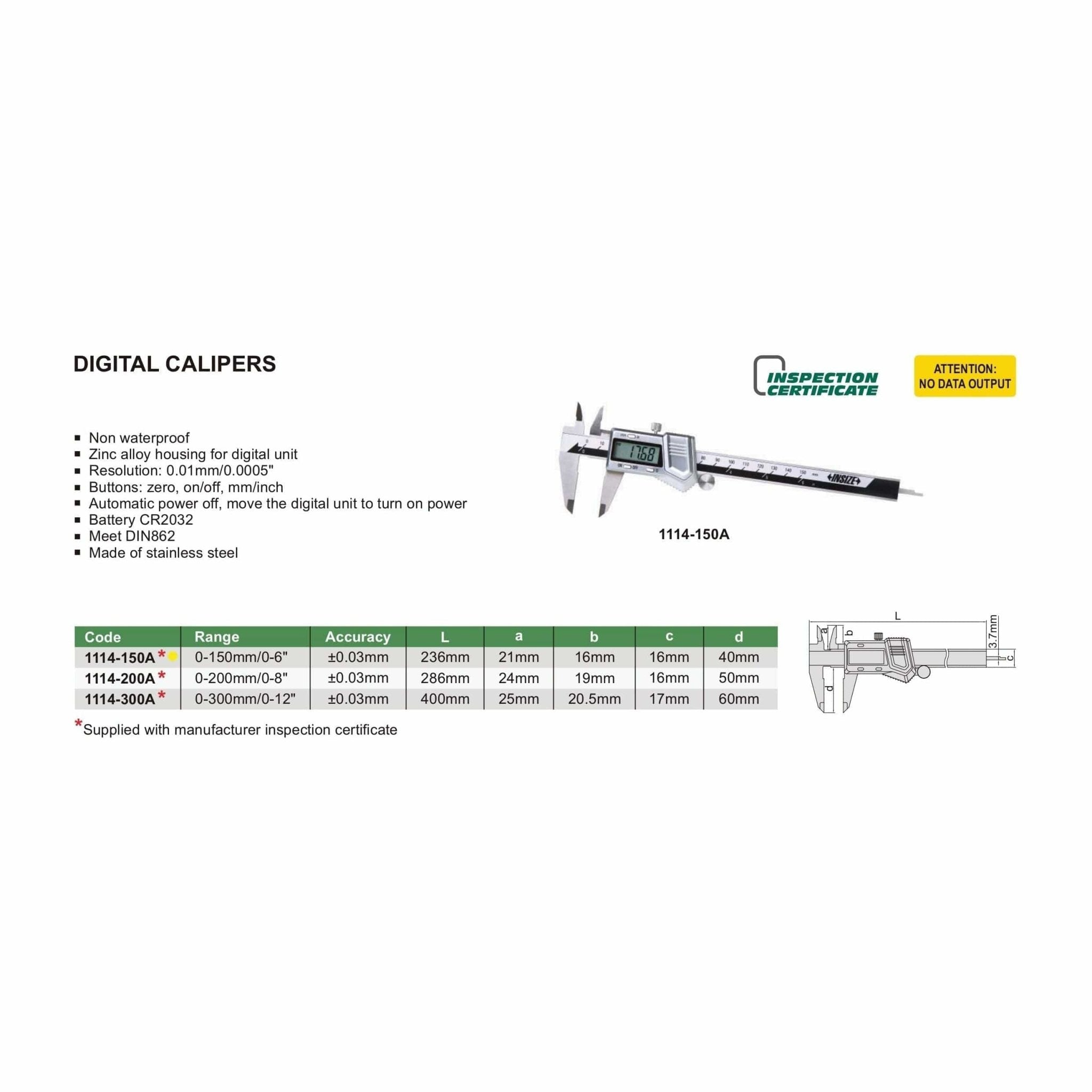 Insize Digital Caliper 0-150mm/0-6" Range Series 1114-150A - Twin Eagle Imports