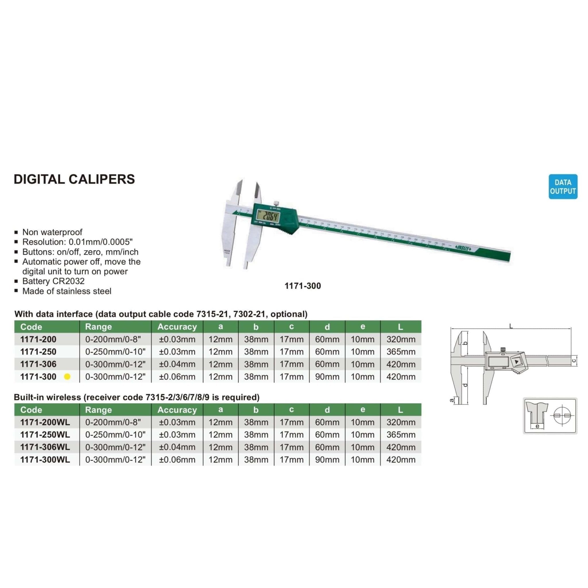 Insize Digital Caliper 0-300mm/0-12" Range Series 1171-300 - Twin Eagle Imports