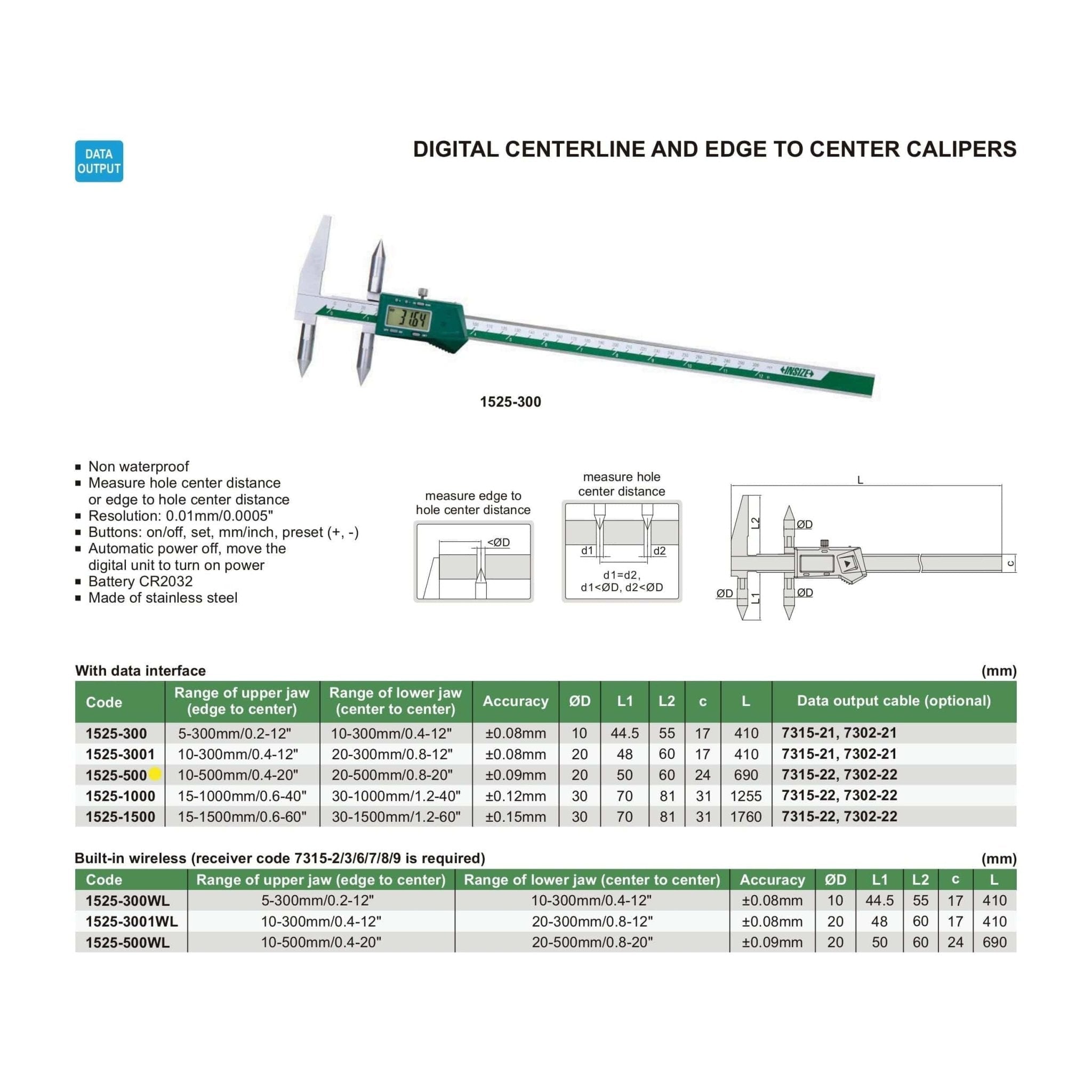 Insize Digital Centerline Caliper 10-500mm Range Series 1525-500 - Twin Eagle Imports