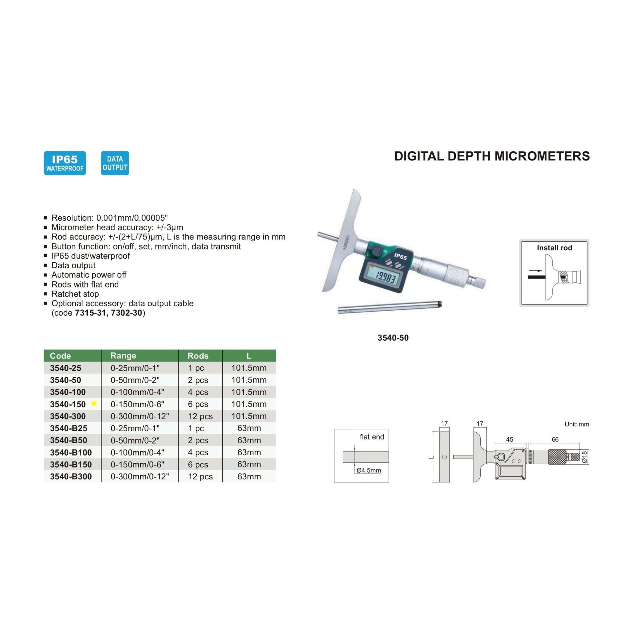 Insize Digital Depth Micrometer 0-150mm/0-6" Range Series 3540-150 - Twin Eagle Imports