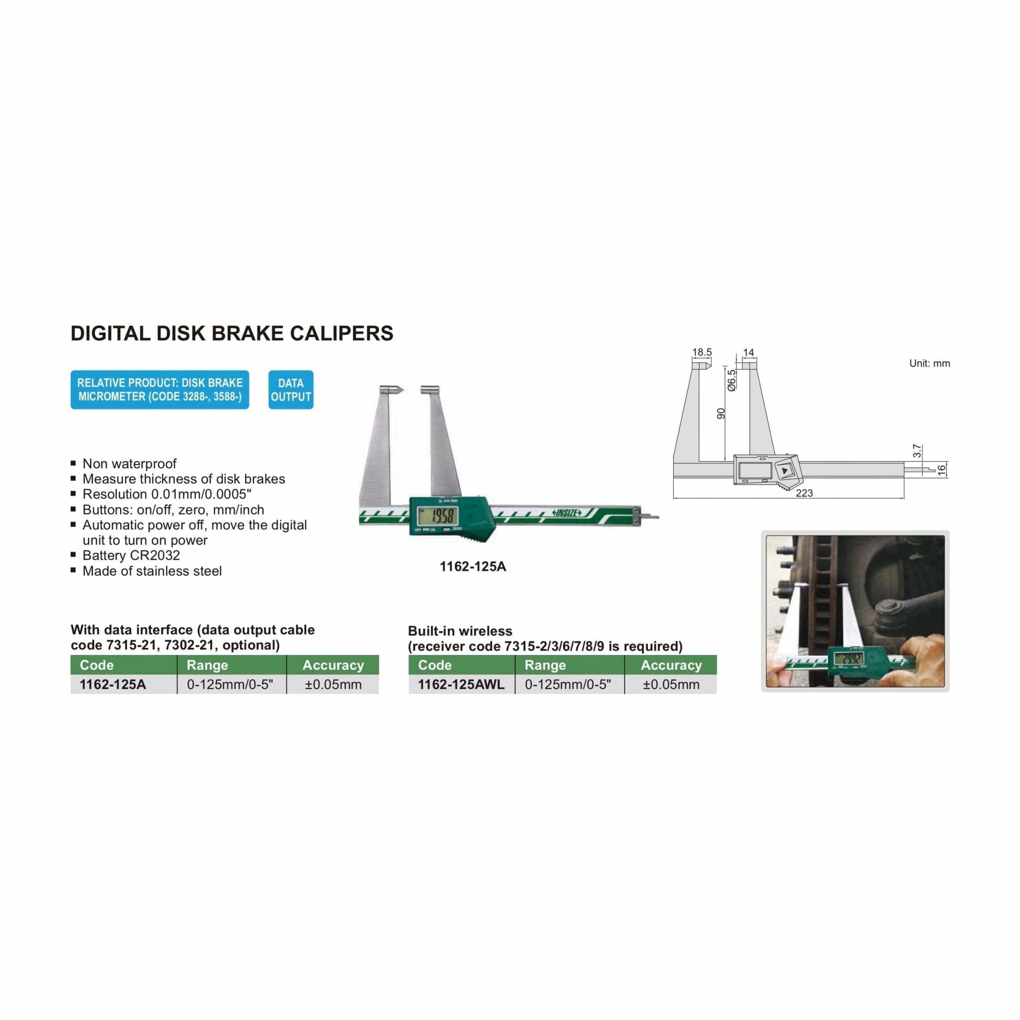 Insize Digital Disc Brake Caliper 0-125mm/0-5" Range Series 1162-125A - Twin Eagle Imports