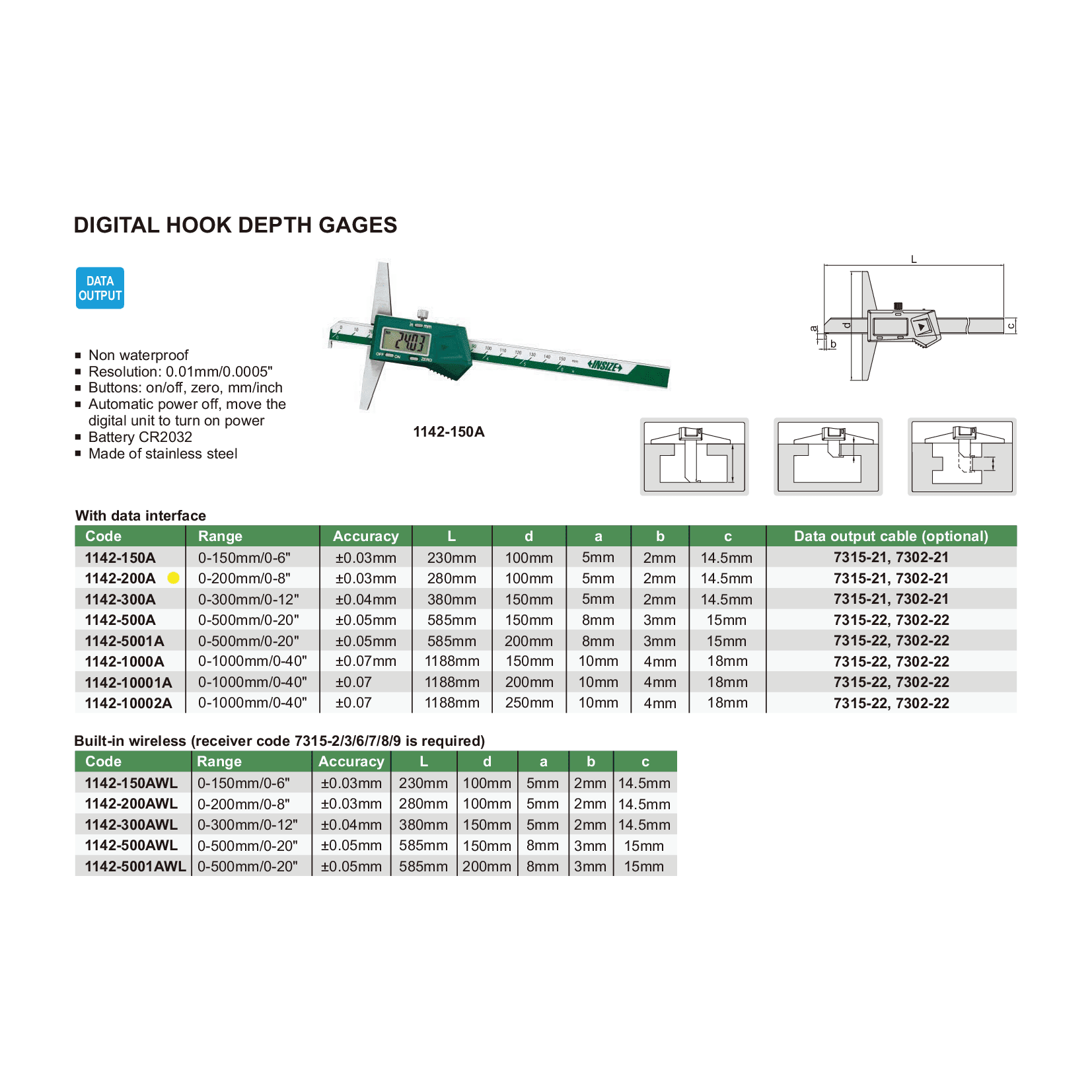 Insize Digital Hook Depth Gauge 0-200mm / 0-8" Range Series 1142-200A - Twin Eagle Imports