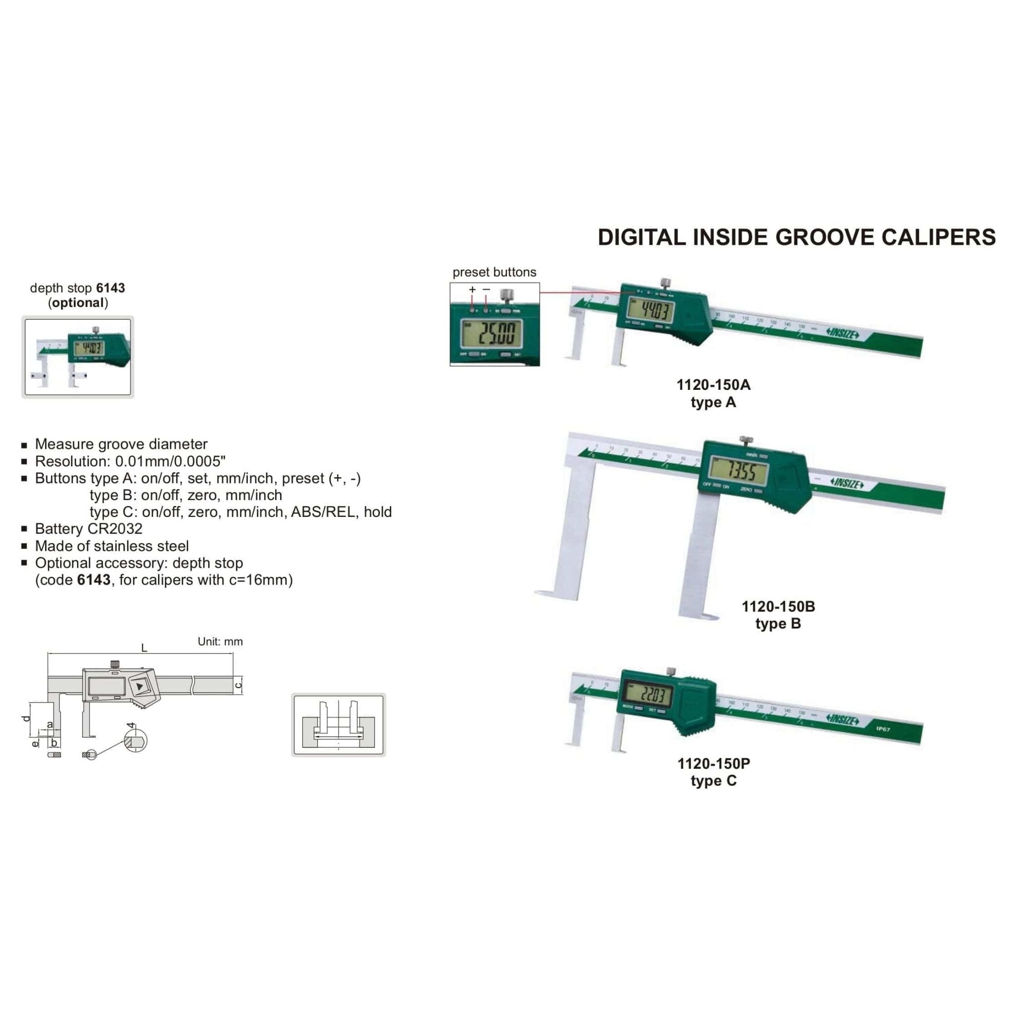 Insize Digital Inside Groove Caliper 22-150mm Range Series 1120-150A - Twin Eagle Imports